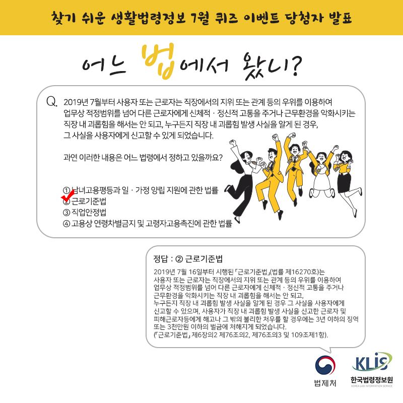 어느 법에서 왔니?
Q. 2019년 7월부터 사용자 또는 근로자는 직장에서의 지위 또는 관계 등의 우위를 이용하여 업무상 적정범위를 넘어 다른 근로자에게 신체적·정신적 고통을 주거나 근무환경을 악화시키는 직장 내 괴롭힘을 해서는 안 되고, 누구든지 직장 내 괴롭힘 발생 사실을 알게 된 경우 그 사실을 사용자에게 신고할 수 있게 되었습니다.

   과연 이러한 내용은 어느 법령에서 정하고 있을까요?

   ① 남녀고용평등과 일·가정 양립 지원에 관한 법률 
   ② 근로기준법
   ③ 직업안정법
   ④ 고용상 연령차별금지 및 고령자고용촉진에 관한 법률 
정답: ② 근로기준법


2019년 7월 16일부터 시행된 「근로기준법」(법률 제16270호)는 사용자 또는 근로자는 직장에서의 지위 또는 관계 등의 우위를 이용하여 업무상 적정범위를 넘어 다른 근로자에게 신체적·정신적 고통을 주거나 근무환경을 악화시키는 직장 내 괴롭힘을 해서는 안 되고, 누구든지 직장 내 괴롭힘 발생 사실을 알게 된 경우 그 사실을 사용자에게 신고할 수 있으며, 사용자가 직장 내 괴롭힘 발생 사실을 신고한 근로자 및 피해근로자등에게 해고나 그 밖의 불리한 처우를 할 경우에는 3년 이하의 징역 또는 3천만원 이하의 벌금에 처해지게 되었습니다(「근로기준법」 제6장의2 제76조의2, 제76조의3 및 109조제1항).