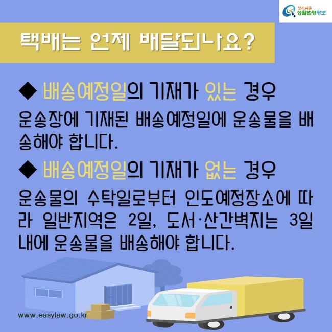 택배는 언제 배달되나요?
배송예정일의 기재가 있는 경우

운송장에 기재된 배송예정일에 운송물을 배송해야 합니다.
배송예정일의 기재가 없는 경우

운송물의 수탁일로부터 인도예정장소에 따라 일반지역은 2일, 도서·산간벽지는 3일 내에 운송물을 배송해야 합니다.
찾기쉬운생활법령정보
www.easylaw.go.kr
