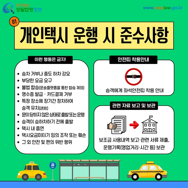 개인택시 운행 시 준수사항 이런 행동은 금지! 승차 거부나 중도 하차 강요. 부당한 요금 요구. 불법 합승(운송플랫폼을 통한 합승 제외). 영수증 발급 및 카드결제 거부. 특정 장소에 장기간 정차하여 승객 유치. 묻지마 운행(승객이 승차하기 전에 출발). 택시 내 흡연. 택시요금미터기 임의 조작 또는 훼손. 그 외 안전 및 편의 위반 행위. 안전띠 착용안내 승객에게 좌석안전띠 착용 안내. 관련 자료 보고 및 보관 보조금 사용내역 보고 및 관련 서류 제출 운행기록(영업거리 시간 등) 보관.