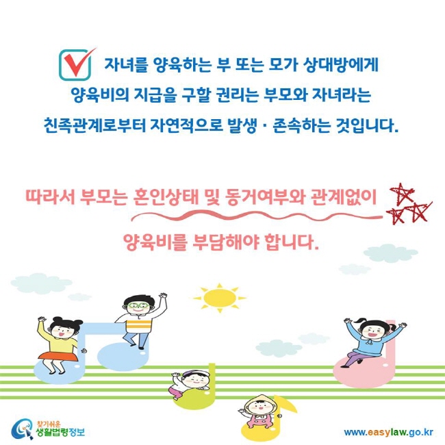 자녀를 양육하는 부 또는 모가 상대방에게 양육비의 지급을 구할 권리는 부모와 자녀라는 친족관계로부터 자연적으로 발생ㆍ존속하는 것입니다. 따라서 부모는 혼인상태 및 동거여부와 관계없이 양육비를 부담해야 합니다.