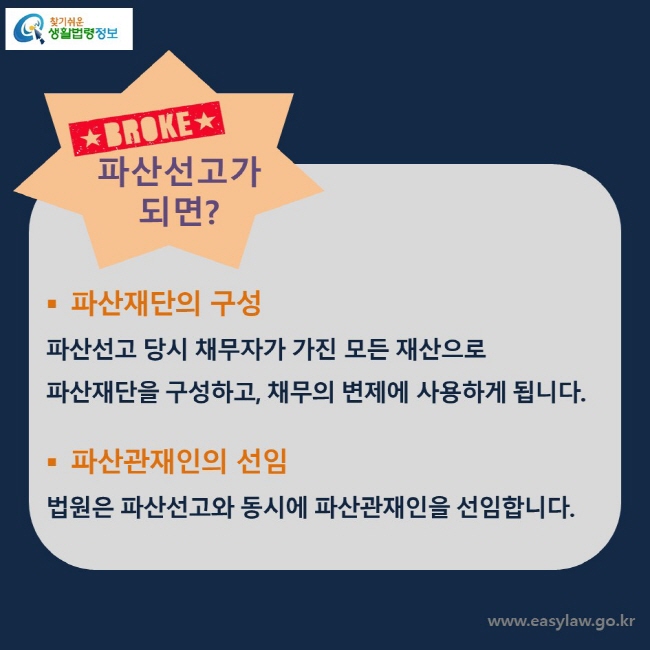 파산재단의 구성파산선고 당시 채무자가 가진 모든 재산으로 파산재단을 구성하고, 채무의 변제에 사용하게 됩니다. 파산관재인의 선임법원은 파산선고와 동시에 파산관재인을 선임합니다. 