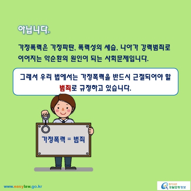 아닙니다.

가정폭력은 가정파탄, 폭력성의 세습, 나아가 강력범죄로 이어지는 악순환의 원인이 되는 사회문제입니다.

그래서 우리 법에서는 가정폭력을 반드시 근절되어야 할 범죄로 규정하고 있습니다.
가정폭력=범죄