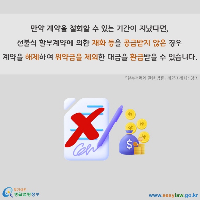 만약 계약을 철회할 수 있는 기간이 지났다면, 선불식 할부계약에 의한 재화 등을 공급받지 않은 경우 계약을 해제하여 위약금을 제외한 대금을 환급받을 수 있습니다. 「할부거래에 관한 법률」 제25조제1항 참조