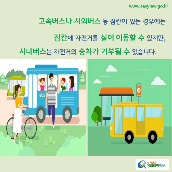 고속버스나 시외버스 등 짐칸이 있는 경우에는 짐칸에 자전거를 실어 이동할 수 있지만, 시내버스는 자전거의 승차가 거부될 수 있습니다.  