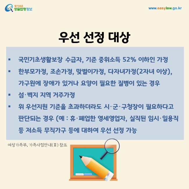 우선 선정 대상: 국민기초생활보장 수급자, 기준 중위소득 52% 이하인 가정 한부모가정, 조손가정, 맞벌이가정, 다자녀가정(2자녀 이상), 가구원에 장애가 있거나 요양이 필요한 질병이 있는 경우 섬･벽지 지역 거주가정 위 우선지원 기준을 초과하더라도 시･군･구청장이 필요하다고 판단되는 경우 (예 : 휴･폐업한 영세영업자, 실직된 임시･일용직 등 저소득 무직가구 등에 대하여 우선 선정 가능