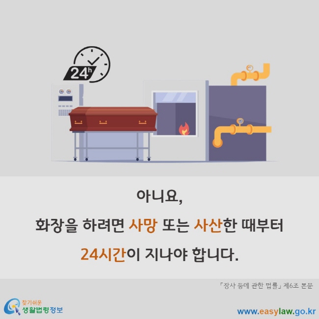 아니요, 화장을 하려면 사망 또는 사산한 때부터 24시간이 지나야 합니다. 「장사 등에 관한 법률」 제6조 본문