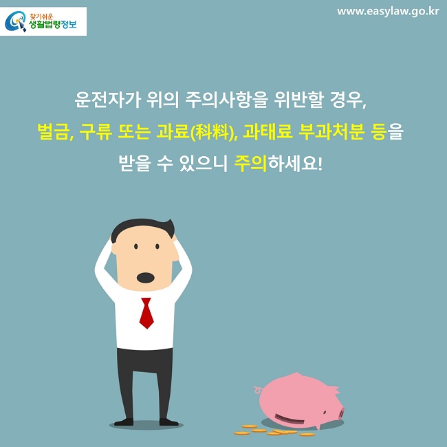 운전자가 위의 주의사항을 위반할 경우, 
벌금, 구류 또는 과료(科料), 과태료 부과처분 등을 받을 수 있으니 주의하세요!
