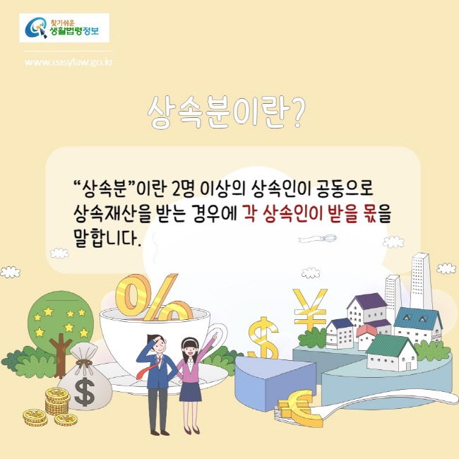 찾기쉬운생활법령정보
www.easylaw.go.kr
상속분이란?
상속분이란 2명 이상의 상속인이 공동으로 상속재산을 받는 경우에 각 상속인이 받을 몫을 말합니다.