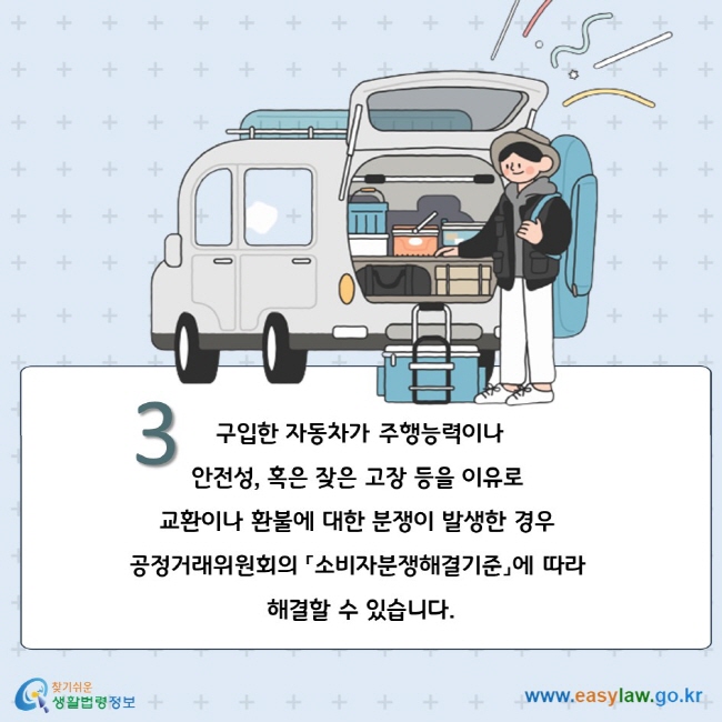 3.  구입한 자동차가 주행능력이나 안전성, 혹은 잦은 고장 등을 이유로 교환이나 환불에 대한 분쟁이 발생한 경우 공정거래위원회의 「소비자분쟁해결기준」에 따라 해결할 수 있습니다.