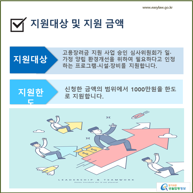 지원대상 및 지원 금액고용장려금 지원 사업 승인 심사위원회가 일·가정 양립 환경개선을 위하여 필요하다고 인정하는 프로그램·시설·장비를 지원합니다.신청한 금액의 범위에서 1000만원을 한도로 지원합니다.