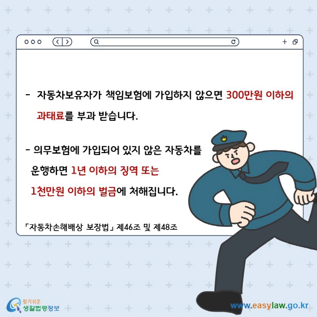 자동차보유자가 책임보험에 가입하지 않으면 300만원 이하의 과태료를 부과 받습니다. 의무보험에 가입되어 있지 않은 자동차를 운행하면 1년 이하의 징역 또는 1천만원 이하의 벌금에 처해집니다. 「자동차손해배상 보장법」 제46조 및 제48조