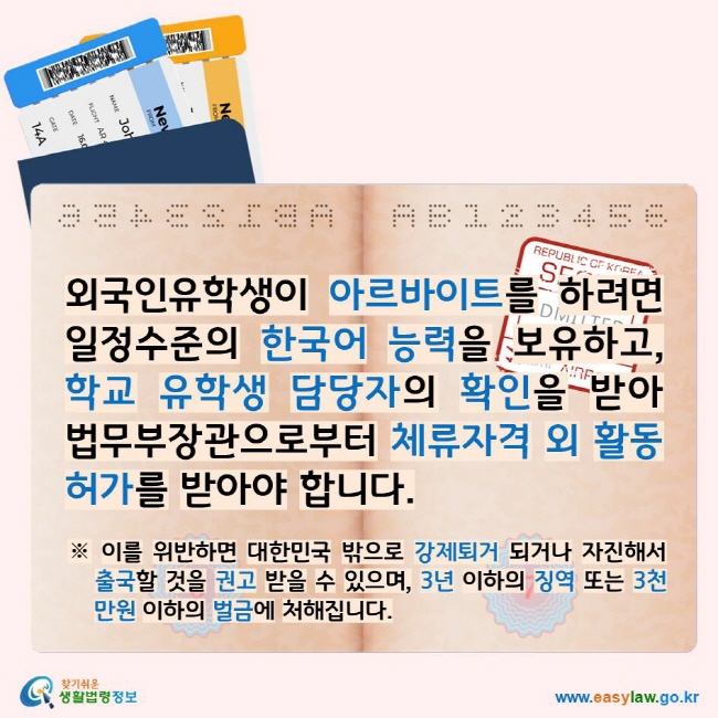 외국인유학생이 아르바이트를 하려면 일정수준의 한국어 능력을 보유하고, 학교 유학생 담당자의 확인을 받아 법무부장관으로부터 체류자격 외 활동허가를 받아야 합니다. ※ 이를 위반하면 대한민국 밖으로 강제퇴거 되거나 자진해서 출국할 것을 권고 받을 수 있으며, 3년 이하의 징역 또는 3천만원 이하의 벌금에 처해집니다. 찾기쉬운생활법령정보 로고 www.easylaw.go.kr