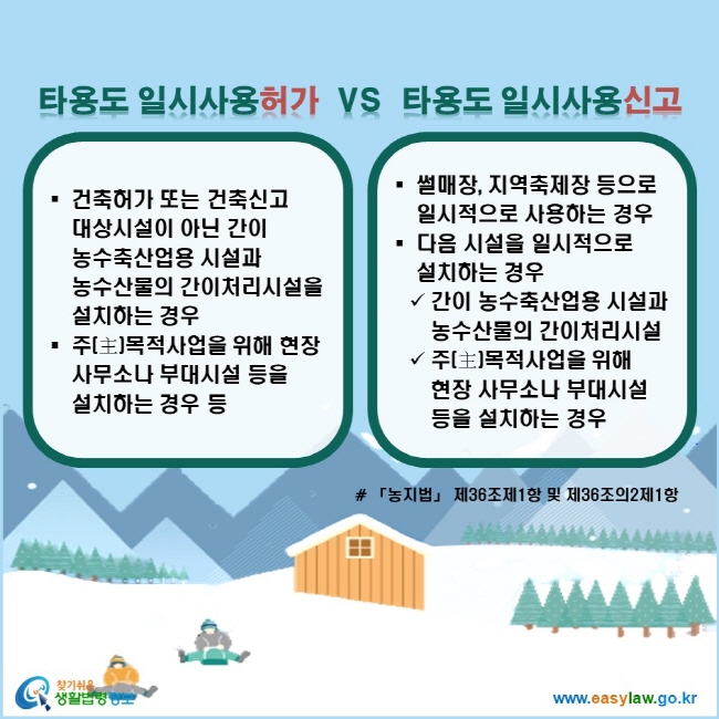 타용도 일시사용허가: 건축허가 또는 건축신고 대상시설이 아닌 간이 농수축산업용 시설과 농수산물의 간이처리시설을 설치하는 경우, 주(主)목적사업을 위해 현장 사무소나 부대시설 등을 설치하는 경우 등 / 타용도 일시사용신고: 썰매장, 지역축제장 등으로 일시적으로 사용하는 경우, 다음 시설을 일시적으로 설치하는 경우 √ 간이 농수축산업용 시설과 농수산물의 간이처리시설 √ 주(主)목적사업을 위해 현장 사무소나 부대시설 등을 설치하는 경우 (「농지법」 제36조제1항 및 제36조의2제1항)