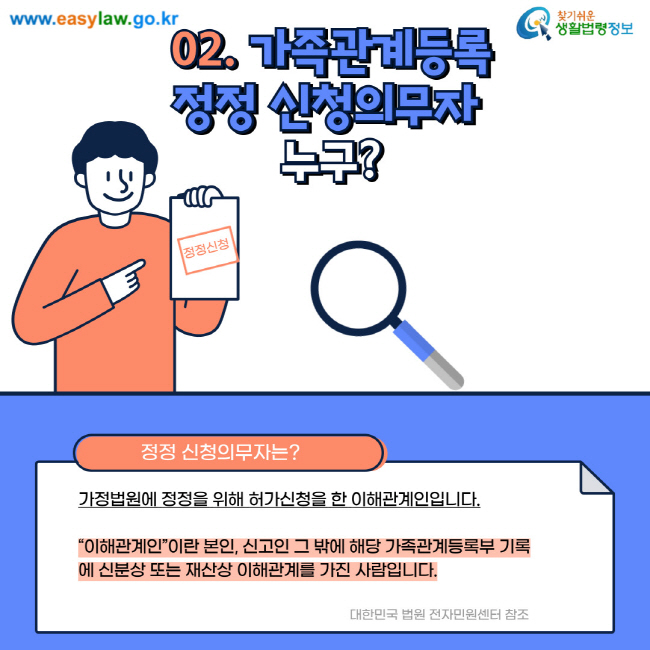 02. 가족관계등록 정정 신청의무자 누구? 정정 신청의무자는? 가정법원에 정정을 위해 허가신청을 한 이해관계인입니다. 