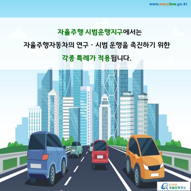 자율주행 시범운행지구에서는 자율주행자동차의 연구ㆍ시범 운행을 촉진하기 위한 각종 특례가 적용됩니다. 