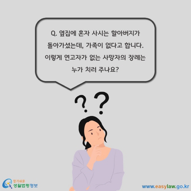 Q. 옆집에 혼자 사시는 할아버지가 돌아가셨는데, 가족이 없다고 합니다. 이렇게 연고자가 없는 사망자의 장례는 누가 치러 주나요?