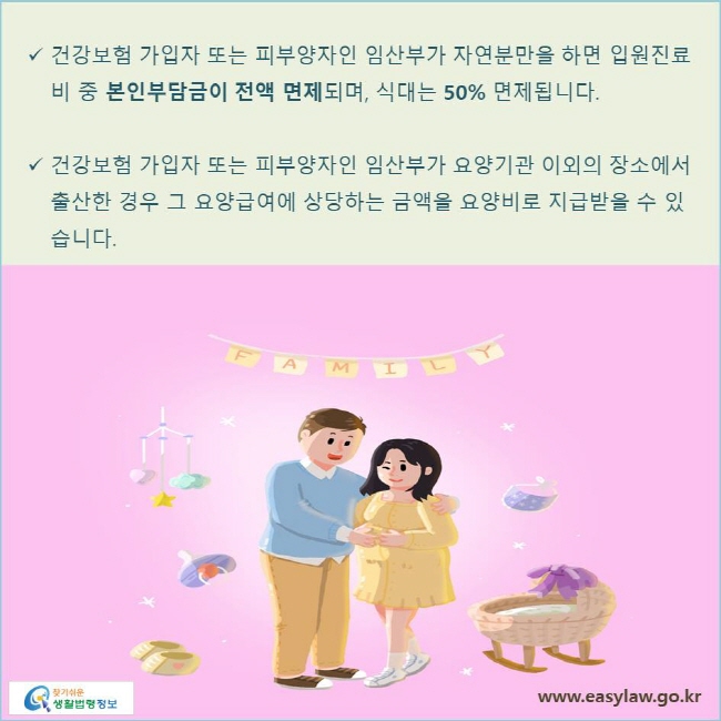 건강보험 가입자 또는 피부양자인 임산부가 자연분만을 하면 입원진료비 중 본인부담금이 전액 면제되며, 식대는 50% 면제됩니다. 건강보험 가입자 또는 피부양자인 임산부가 요양기관 이외의 장소에서 출산한 경우 그 요양급여에 상당하는 금액을 요양비로 지급받을 수 있습니다.