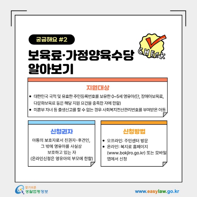 보육료·가정양육수당 알아보기- 1. 지원대상: 대한민국 국적 및 유효한&nbsp;주민등록번호를&nbsp;보유한 0~5세 영유아(단, 장애아보육료, 다문화보육료 등은 해당 지원 요건을 충족한 자에 한함) 미혼부 자녀 등 출생신고를 할 수 없는 경우 사회복지전산관리번호를 부여받은 아동 2. 신청권자아동의 보호자로서&nbsp;친권자･후견인,&nbsp; 그 밖에 영유아를&nbsp;사실상&nbsp; 보호하고 있는 자 (온라인신청은&nbsp;영유아의 부모에 한함) 3. 신청방법: 오프라인: 주민센터 방문 온라인: 복지로 홈페이지(www.bokjiro.go.kr) 또는&nbsp;모바일 앱에서 신청