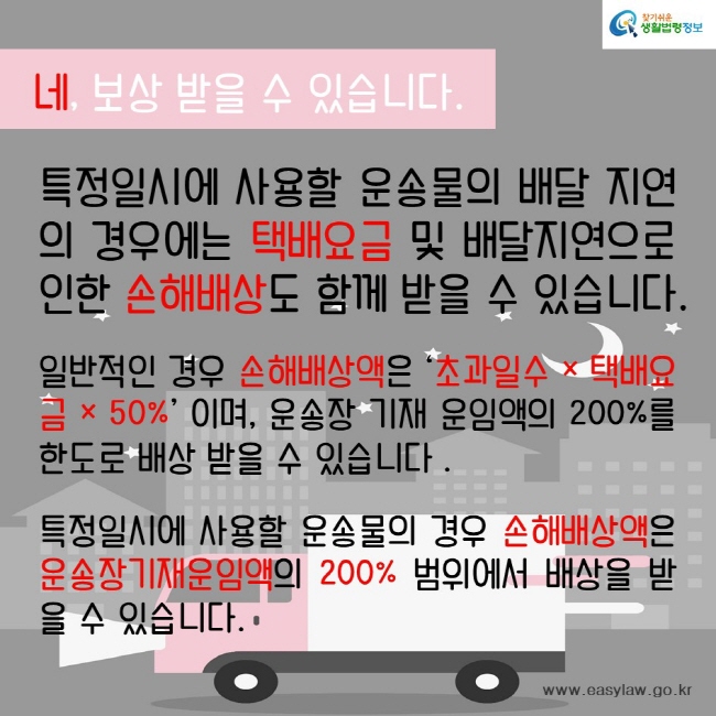 네, 보상 받을 수 있습니다.
특정일시에 사용할 운송물의 배달 지연의 경우에는 택배요금 및 배달지연으로 인한 손해배상도 함께 받을 수 있습니다. 

일반적인 경우 손해배상액은 ‘초과일수 × 택배요금 × 50%’ 이며, 운송장 기재 운임액의 200%를 한도로 배상 받을 수 있습니다 .

특정일시에 사용할 운송물의 경우 손해배상액은 운송장기재운임액의 200% 범위에서 배상을 받을 수 있습니다.
찾기쉬운생활법령정보
www.easylaw.go.kr
