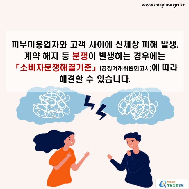 피부미용업자와 고객 사이에 신체상 피해 발생, 계약 해지 등 분쟁이 발생하는 경우에는 「소비자분쟁해결기준」(공정거래위원회고시)에 따라 해결할 수 있습니다.