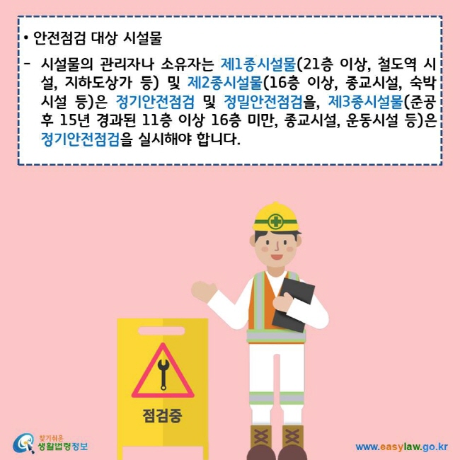 안전점검 대상 시설물 시설물의 관리자나 소유자는 제1종시설물(21층 이상, 철도역 시설, 지하도상가 등) 및 제2종시설물(16층 이상, 종교시설, 숙박시설 등)은 정기안전점검 및 정밀안전점검을, 제3종시설물(준공 후 15년 경과된 11층 이상 16층 미만, 종교시설, 운동시설 등)은  정기안전점검을 실시해야 합니다. 찾기쉬운 생활법령정보 로고 www.easylaw.go.kr