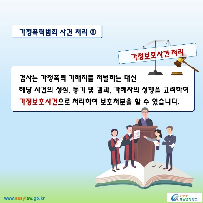 가정폭력범죄 사건 처리 ③

가정보호사건 처리
검사는 가정폭력 가해자를 처벌하는 대신 해당 사건의 성질, 동기 및 결과, 가해자의 성행을 고려하여 가정보호사건으로 처리하여 보호처분을 할 수 있습니다.