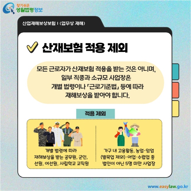 산재보험 적용 제외: 모든 근로자가 산재보험 적용을 받는 것은 아니며, 일부 직종과 소규모 사업장은 개별 법령이나 「근로기준법」 등에 따라 재해보상을 받아야 합니다.  적용 제외  개별 법령에 따라 재해보상을 받는 공무원, 군인, 선원, 어선원, 사립학교 교직원  가구 내 고용활동, 농업·임업(벌목업 제외)·어업·수렵업 중 법인이 아닌 5명 미만 사업장