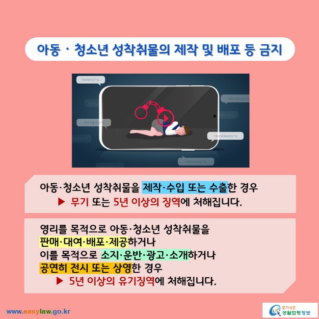 아동ᆞ청소년 성착취물의 제작 및 배포 등 금지아동·청소년 성착취물을 제작·수입 또는 수출한 경우 ▶ 무기 또는 5년 이상의 징역에 처해집니다. 영리를 목적으로 아동·청소년 성착취물을  판매·대여·배포·제공하거나  이를 목적으로 소지·운반·광고·소개하거나  공연히 전시 또는 상영한 경우      ▶ 5년 이상의 유기징역에 처해집니다.