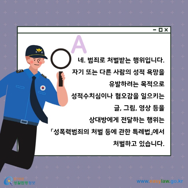 A. 네. 범죄로 처벌받는 행위입니다. 자기 또는 다른 사람의 성적 욕망을 유발하려는 목적으로 성적수치심이나 혐오감을 일으키는 글, 그림, 영상 등을 상대방에게 전달하는 행위는 「성폭력범죄의 처벌 등에 관한 특례법」에서 처벌하고 있습니다.