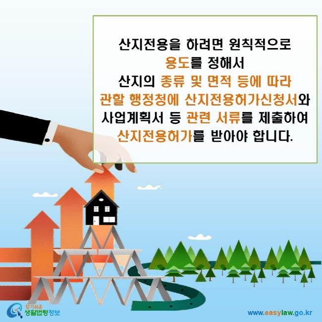 산지전용을 하려면 원칙적으로 용도를 정해서 산지의 종류 및 면적 등에 따라 관할 행정청에 산지전용허가신청서와 사업계획서 등 관련 서류를 제출하여 산지전용허가를 받아야 합니다. 