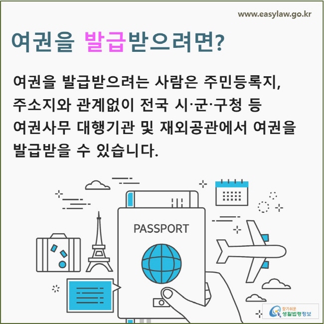 여권을 발급받으려면? 여권을 발급받으려는 사람은 주민등록지, 주소지와 관계없이 전국 시〮군〮구청 등 여권사무 대행기관 및 재외공관에서 여권을 발급받을 수 있습니다.
