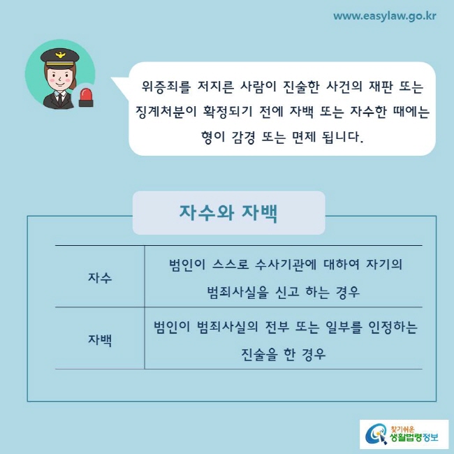 위증죄를 저지른 사람이 진술한 사건의 재판 또는 징계처분이 확정되기 전에 자백 또는 자수한 때에는 형이 감경 또는 면제 됩니다.  자수와 자백 자수  범인이 스스로 수사기관에 대하여 자기의 범죄사실을 신고 하는 경우 자백  범인이 범죄사실의 전부 또는 일부를 인정하는 진술을 한 경우