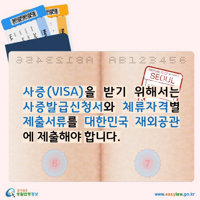 사증(VISA)을 받기 위해서는 사증발급신청서와 체류자격별 제출서류를 대한민국 재외공관에 제출해야 합니다.  찾기쉬운생활법령정보 로고 www.easylaw.go.kr