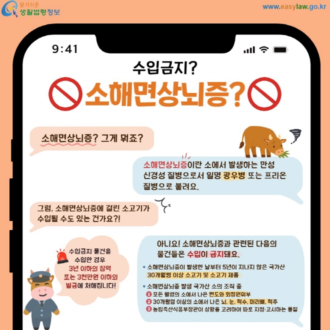 수입금지? 소해면상뇌증 소해면상뇌증? 그게 뭐죠? 소해면상뇌증이란 소에서 발생하는 만성  신경성 질병으로서 일명 광우병 또는 프리온질병으로 불려요. 그럼, 소해면상뇌증에 걸린 소고기가 수입될 수도 있는 건가요?! 아니요! 소해면상뇌증과 관련된 다음의  물건들은 수입이 금지돼요. 소해면상뇌증이 발생한 날부터 5년이 지나지 않은 국가산 30개월령 이상 소고기 및 소고기 제품  소해면상뇌증 발생 국가산 소의 조직 중 모든 월령의 소에서 나온 편도와 회장원위부   30개월령 이상의 소에서 나온 뇌, 눈, 척수, 머리뼈, 척주   농림축산식품부장관이 상황을 고려하여 따로 지정·고시하는 물질 수입금지 물건을  수입한 경우  3년 이하의 징역  또는 3천만원 이하의 벌금에 처해집니다!