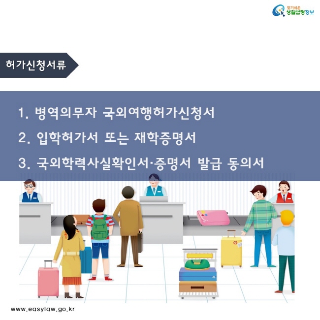 허가신청서류
1. 병역의무자 국외여행허가신청서
2. 입학허가서 또는 재학증명서 
3. 국외학력사실확인서·증명서 발급 동의서
