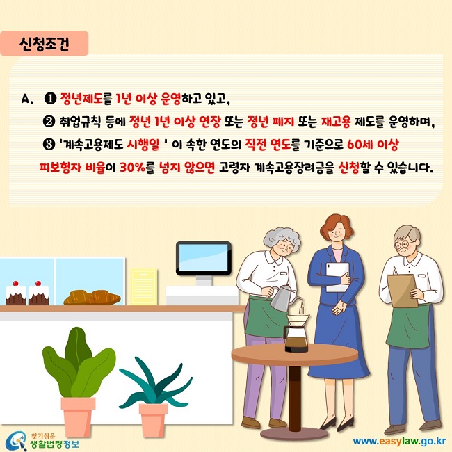❶ 정년제도를 1년 이상 운영하고 있고, ❷ 취업규칙 등에 정년 1년 이상 연장 또는 정년 폐지 또는 재고용 제도를 운영하며, ❸ ‘계속고용제도 시행일＇이 속한 연도의 직전 연도를 기준으로 60세 이상 피보험자 비율이 30%를 넘지 않으면 고령자 계속고용장려금을 신청할 수 있습니다.