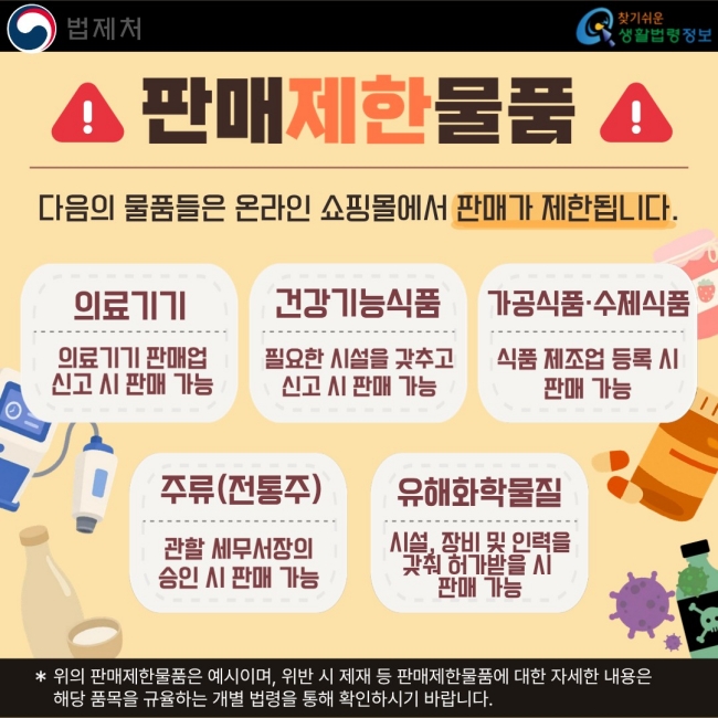 판매제한물품  다음의 물품들은 온라인 쇼핑몰에서 판매가 제한됩니다.  의료기기 의료기기 판매업 신고 시 판매 가능  건강기능식품 필요한 시설을 갖추고 신고 시 판매 가능  가공식품·수제식품 식품 제조업 등록 시 판매 가능  주류(전통주) 관할 세무서장의 승인 시 판매 가능  유해화학물질 시설, 장비 및 인력을 갖춰 허가를 받을 시 판매 가능  ※ 위의 판매제한물품은 예시이며, 위반 시 제재 등 판매제한물품에 대한 자세한 내용은 해당 품목을 규율하는 개별 법령을 통해 확인하시기 바랍니다.