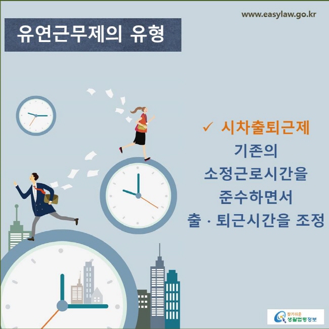 유연근무제의 유형 시차출퇴근제 기존의 소정근로시간을 준수하면서 출·퇴근시간을 조정