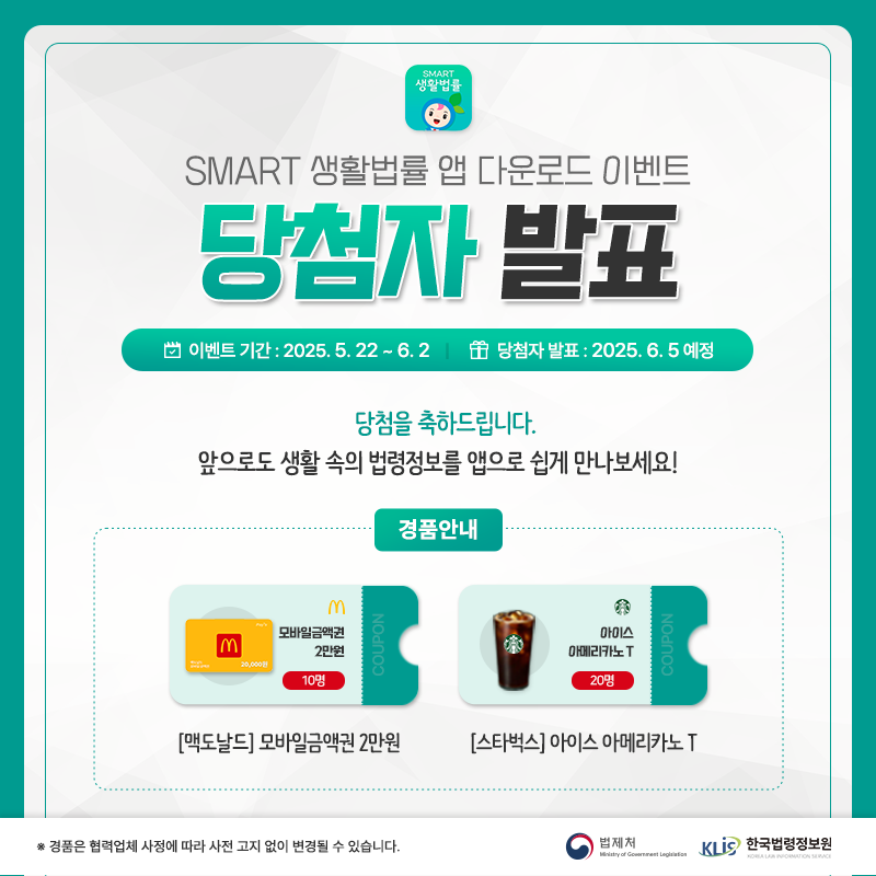 SMART 생활법률 앱 다운로드 이벤트 당첨자 발표 이벤트 기간 2025.5.22.~6.2. 당첨자발표 2025.6.5. 예정 당첨을 축하드립니다. 앞으로도 생활 속의 법령정보를 앱으로 쉽게 만나보세요! 경품안내 [맥도날드] 모바일금액권 2만원 10명 [스타벅스] 아이스 아메리카노 T 20명 경품은 협력업체 사정에 따라 사전 고지 없이 변경될 수 있습니다. 법제처 한국법령정보원