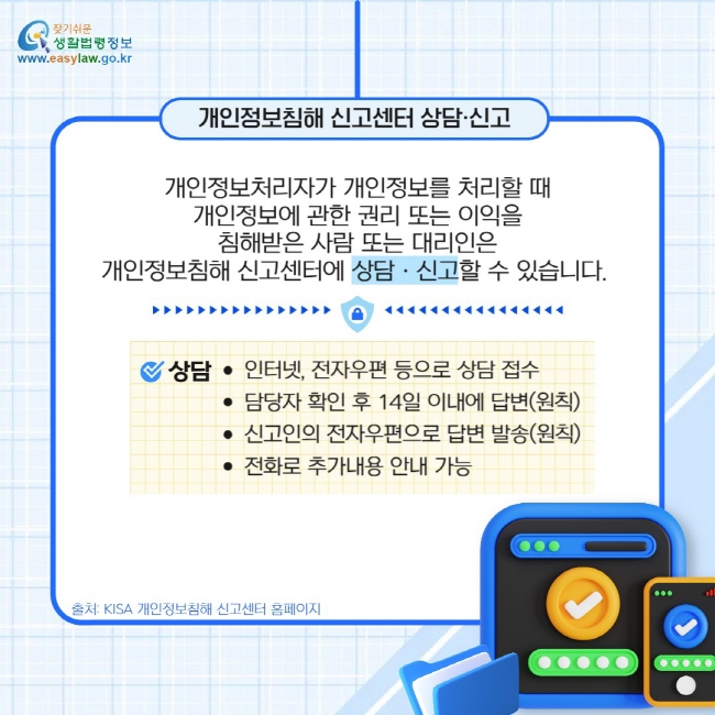 개인정보침해 신고센터 상담·신고: 개인정보처리자가&nbsp;개인정보를 처리할 때 개인정보에 관한 권리 또는&nbsp;이익을 침해받은 사람&nbsp;또는&nbsp;대리인은 개인정보침해 신고센터에&nbsp;상담ㆍ신고할 수 있습니다.&nbsp; *상담: 인터넷, 전자우편 등으로 상담 접수 담당자 확인 후 14일 이내에 답변(원칙) 신고인의 전자우편으로 답변 발송(원칙) 전화로 추가내용 안내 가능