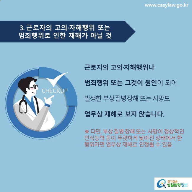 3. 근로자의 고의·자해행위 또는 
범죄행위로 인한 재해가 아닐 것
근로자의 고의·자해행위나 
범죄행위 또는 그것이 원인이 되어 
발생한 부상·질병·장해 또는 사망도 
업무상 재해로 보지 않습니다. 

※ 다만, 부상·질병·장해 또는 사망이 정상적인 인식능력 등이 뚜렷하게 낮아진 상태에서 한 행위라면 업무상 재해로 인정될 수 있음