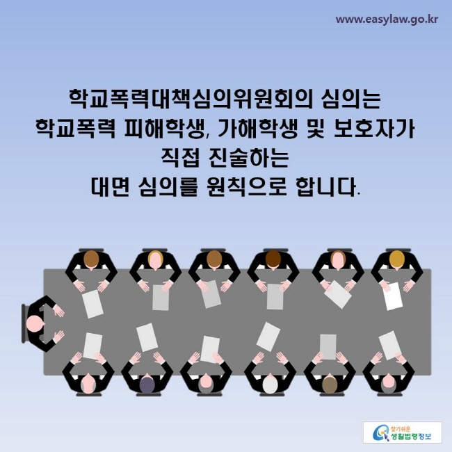 학교폭력대책심의위원회의 심의는 학교폭력 피해학생, 가해학생 및 보호자가 직접 진술하는 대면 심의를 원칙으로 합니다.