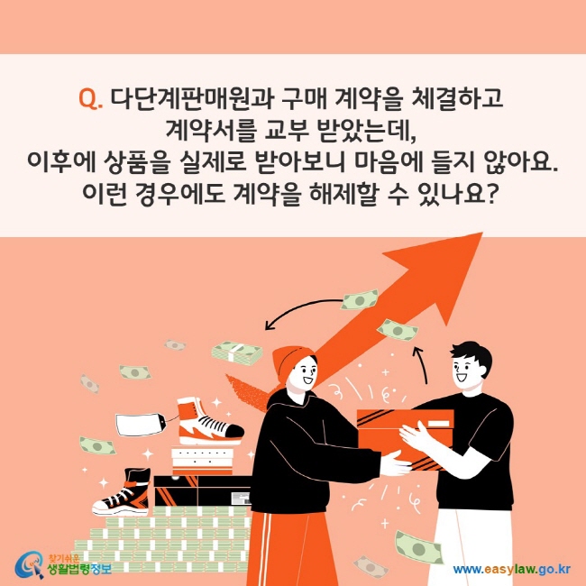 Q. 다단계판매원과 구매 계약을 체결하고 계약서를 교부 받았는데, 이후에 상품을 실제로 받아보니 마음에 들지 않아요. 이런 경우에도 계약을 해제할 수 있나요? 찾기쉬운 생활법령정보(www.easylaw.go.kr)