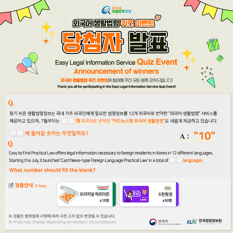 찾기 쉬운 생활법령정보 외국어 생활법령 퀴즈 이벤트 당첨자 발표 Easy Legal Information Service Quiz Event Announcement of winners 외국어 생활법령 퀴즈 이벤트에 참여해 주신 모든 분께 감사드립니다! Thank you all for participating in the Easy Legal Information Service Quiz Event! Q. 찾기 쉬운 생활법령정보는 국내 거주 외국인에게 필요한 법령정보를 12개 외국어로 번역한 “외국어 생활법령” 서비스를 제공하고 있으며, 7월부터는 □□개 외국어로 번역한 “카드뉴스형 외국어 생활법령”도 새롭게 제공하고 있습니다. □□에 들어갈 숫자는 무엇일까요? Q. Easy to Find Practical Law offers legal information necessary to foreign residents in Korea in 12 different languages. Starting this July, it launched 'Card News-type Foreign Language Practical Law' in a total of □□ languages. What number should fill the blank? A: 10 경품안내 Prizes 크리스피크림도넛 오리지널하프더즌 15명, CU 5천원권 30명 ※ 경품은 협력업체 사정에 따라 사전 고지 없이 변경될 수 있습니ㅏㄷ. ※ Prize may change depending on vendor's circumstances. 법제처 한국법령정보원 찾기 쉬운 생활법령정보 외국어 생활법령 퀴즈 이벤트 당첨자 발표 Easy Legal Information Service Quiz Event Announcement of winners 외국어 생활법령 퀴즈 이벤트에 참여해 주신 모든 분께 감사드립니다! Thank you all for participating in the Easy Legal Information Service Quiz Event! Q. 찾기 쉬운 생활법령정보는 국내 거주 외국인에게 필요한 법령정보를 12개 외국어로 번역한 “외국어 생활법령” 서비스를 제공하고 있으며, 7월부터는 □□개 외국어로 번역한 “카드뉴스형 외국어 생활법령”도 새롭게 제공하고 있습니다. □□에 들어갈 숫자는 무엇일까요? Q. Easy to Find Practical Law offers legal information necessary to foreign residents in Korea in 12 different languages. Starting this July, it launched 'Card News-type Foreign Language Practical Law' in a total of □□ languages. What number should fill the blank? A: 10 경품안내 Prizes 크리스피크림도넛 오리지널하프더즌 15명, CU 5천원권 30명 ※ 경품은 협력업체 사정에 따라 사전 고지 없이 변경될 수 있습니ㅏㄷ. ※ Prize may change depending on vendor's circumstances. 법제처 한국법령정보원