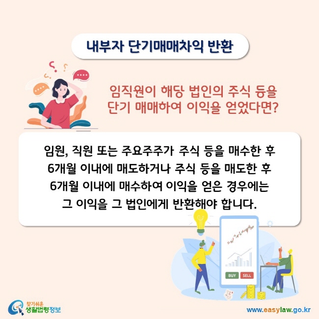 내부자 단기매매차익 반환 임직원이 해당 법인의 주식 등을 단기 매매하여 이익을 얻었다면? 임원, 직원 또는 주요주주가 주식 등을 매수한 후 6개월 이내에 매도하거나 주식 등을 매도한 후 6개월 이내에 매수하여 이익을 얻은 경우에는 그 이익을 그 법인에게 반환해야 합니다. 