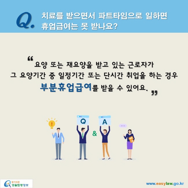 Q. 치료를 받으면서 파트타임으로 일하면 휴업급여는 못 받나요?

“요양 또는 재요양을 받고 있는 근로자가 
그 요양기간 중 일정기간 또는 단시간 취업을 하는 경우 
부분휴업급여를 받을 수 있어요.”