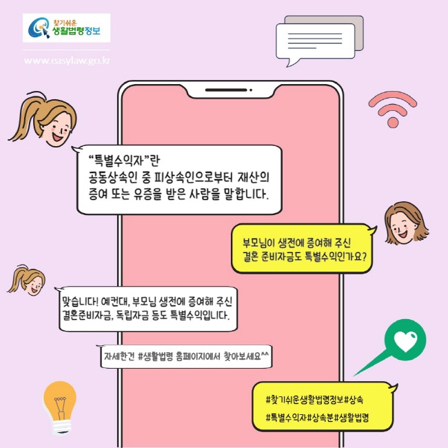 찾기쉬운생활법령정보
www.easylaw.go.kr
특별수익자란 
공동상속인 중 피상속인으로부터 재산의 증여 또는 유증을 받은 사람을 말합니다.
부모님이 생전에 증여해 주신
결혼 준비자금도 특별수익인가요?
맞습니다! 예컨대, 부모님 생전에 증여해 주신 결혼준비자금, 독립자금 등도 특별수익입니다. 
자세한건 #생활법령 홈페이지에서 찾아보세요^^

#찾기쉬운생활법령정보#상속
#특별수익자#상속분#생활법령
