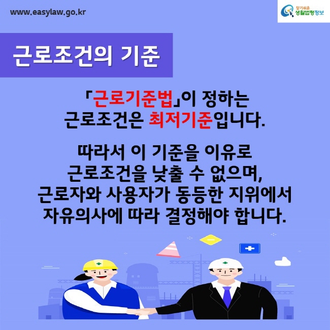 www.easylaw.go.kr찾기쉬운생활법령정보근로조건의 기준 「근로기준법」이 정하는 근로조건은 최저기준입니다. 따라서 이 기준을 이유로 근로조건을 낮출 수 없으며, 근로자와 사용자가 동등한 지위에서 자유의사에 따라 결정해야 합니다.