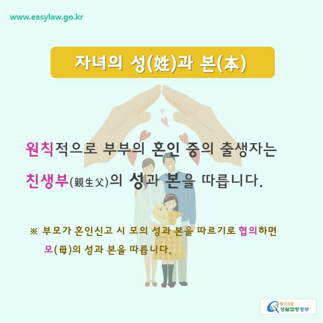 찾기쉬운생활법령정보 www.easylaw.go.kr 
자녀의 성(姓)과 본(本)
원칙적으로 부부의 혼인 중의 출생자는 친생부(親生父)의 성과 본을 따릅니다. 
※ 부모가 혼인신고 시 모의 성과 본을 따르기로 협의하면  모(母)의 성과 본을 따릅니다. 