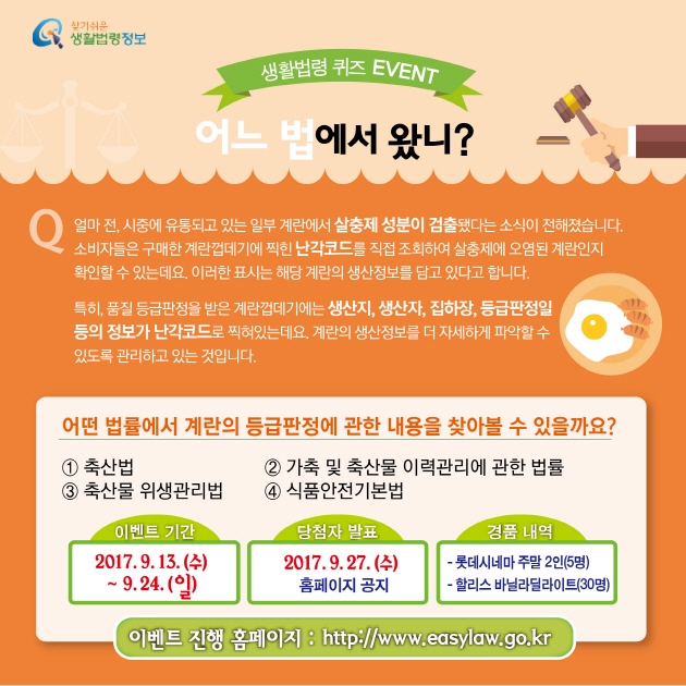 9월 생활법령 퀴즈 이벤트 9월 생활법령 퀴즈이벤트, 어느법에서 왔니?, 계란등급판정 관련 법률 맞히기